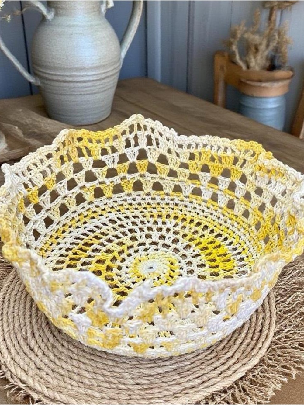 Vintage Handmade Yellow Crochet Farmhouse Cottage Trinket Bowl